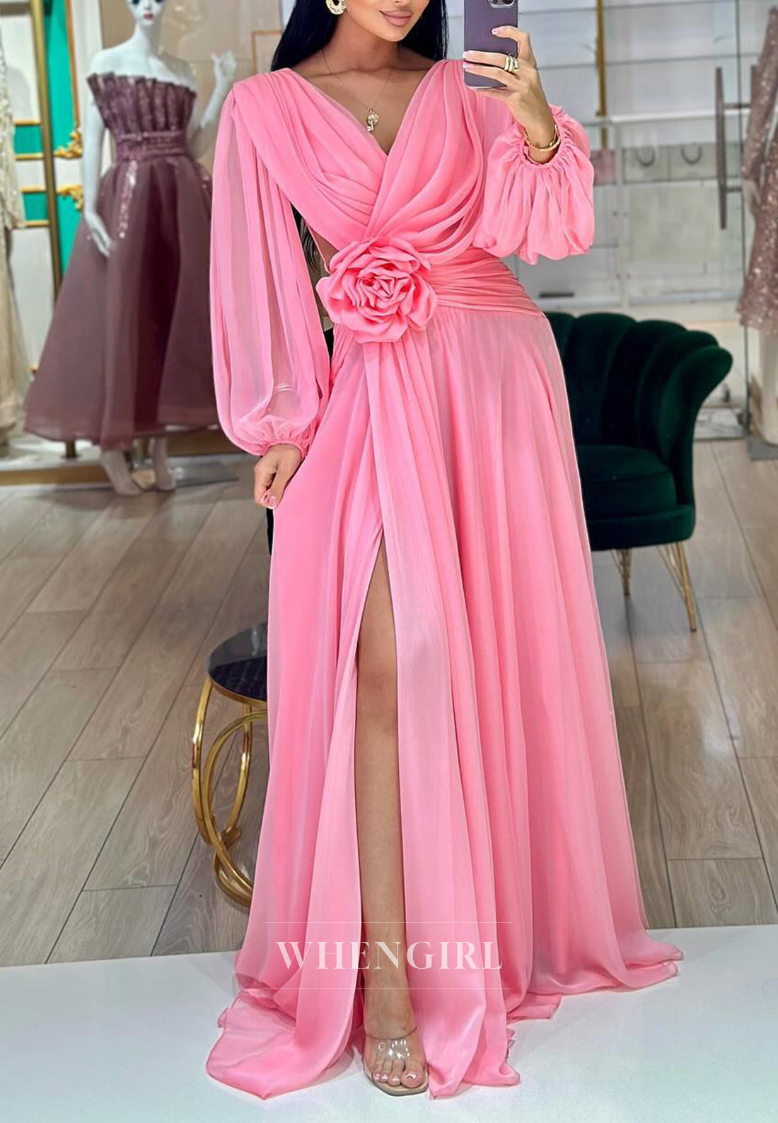 V Neck Long Sleeves 3D Flower Side Slit Chiffon A-Line Formal Evening Dress