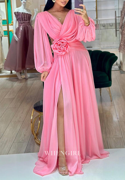 V Neck Long Sleeves 3D Flower Side Slit Chiffon A-Line Formal Evening Dress