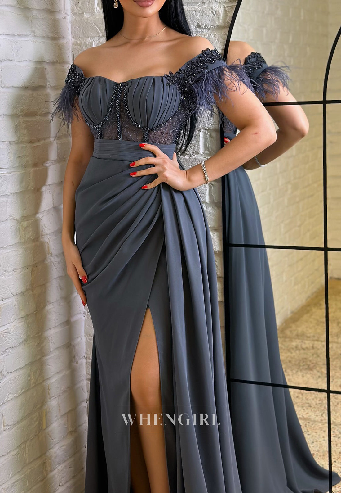 Sheath Navy Off Shoulder Pleated Long Formal Evening Dress with Side Slit