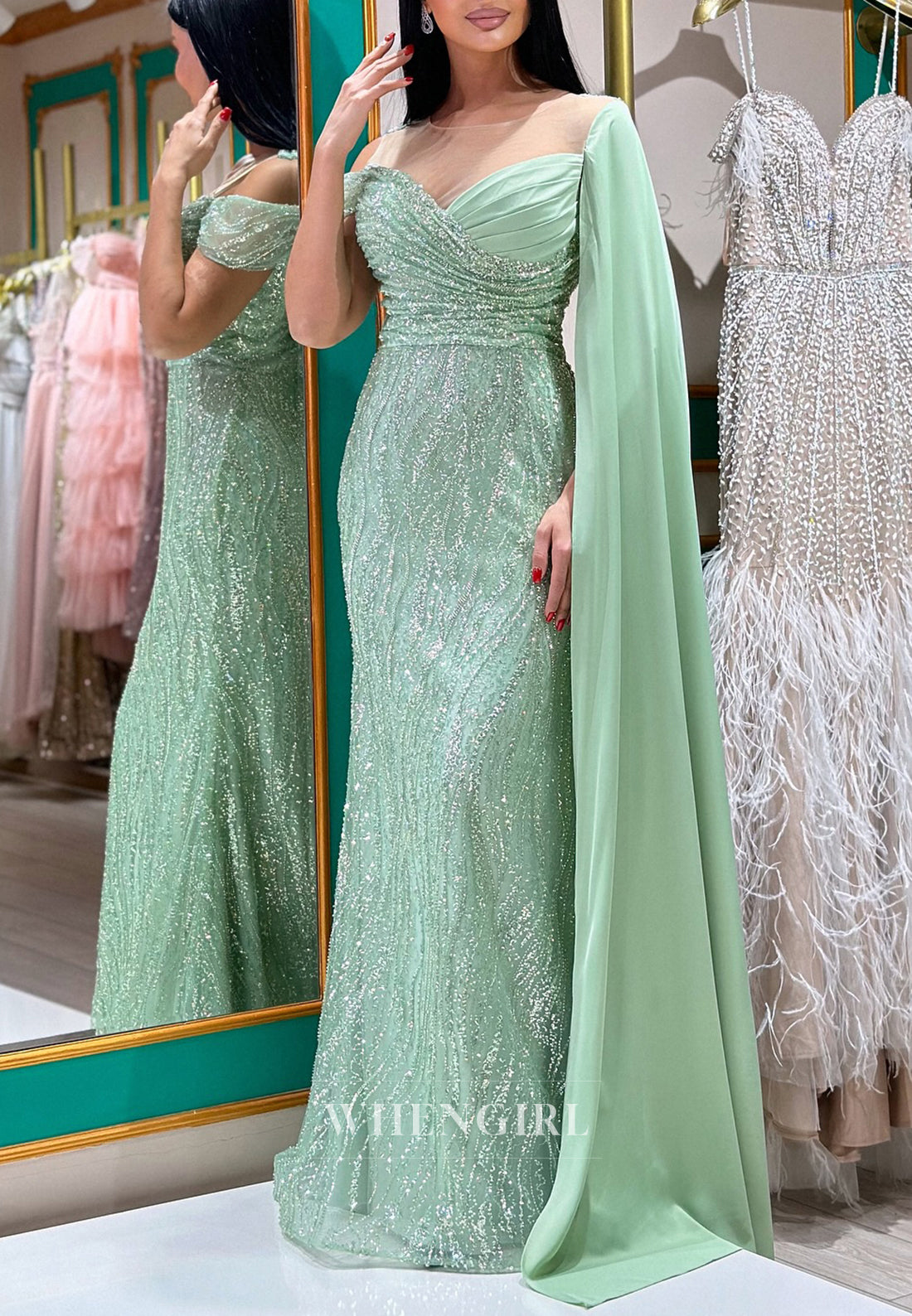 Turquoise Illusion Neck Pleated Beaded Sheath Side Train Floor Length Formal Evening Dress