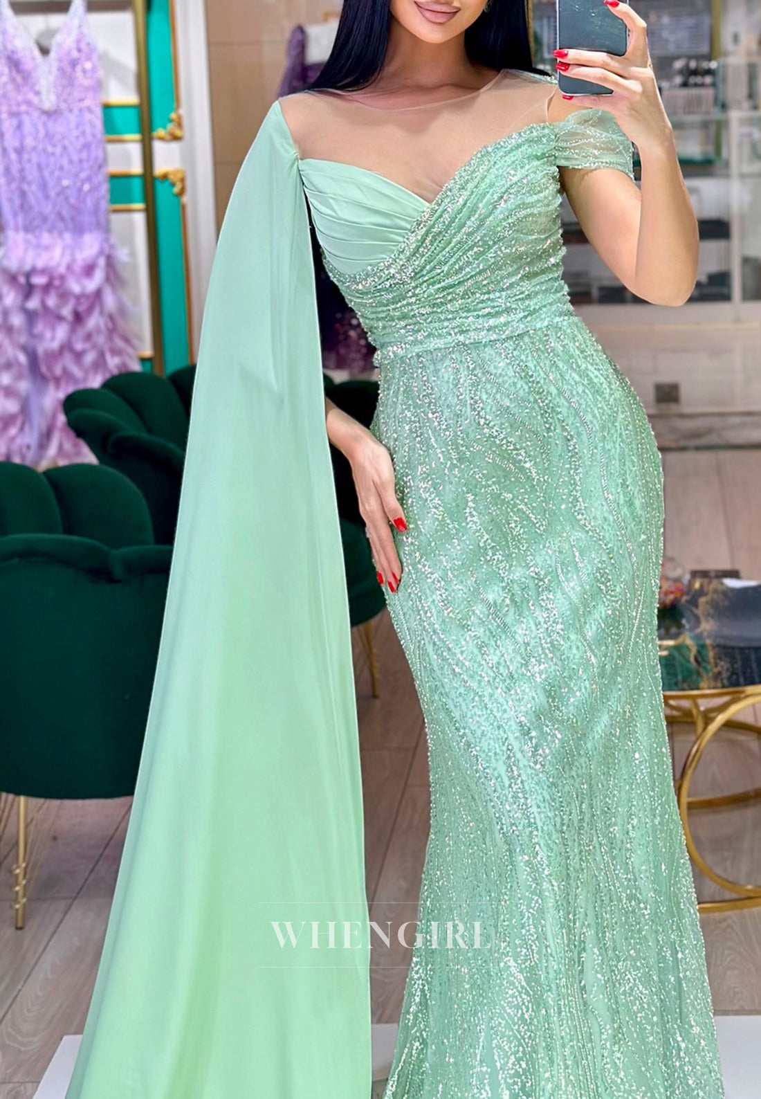 Turquoise Illusion Neck Pleated Beaded Sheath Side Train Floor Length Formal Evening Dress