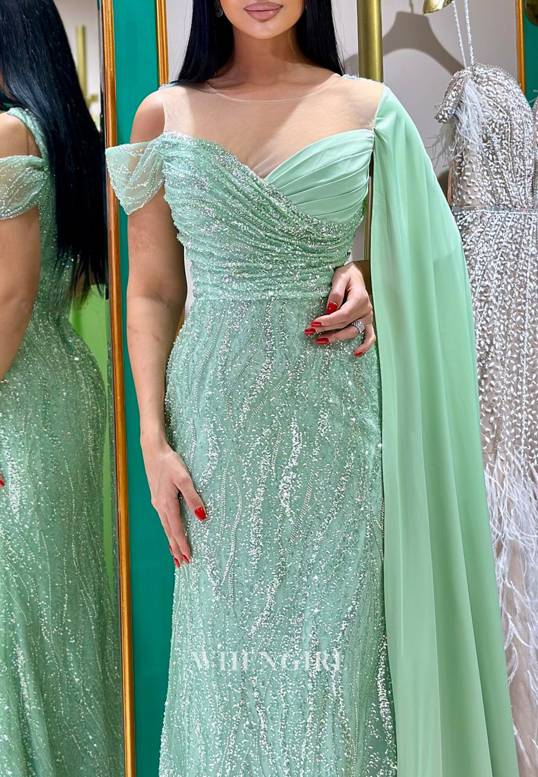 Turquoise Illusion Neck Pleated Beaded Sheath Side Train Floor Length Formal Evening Dress