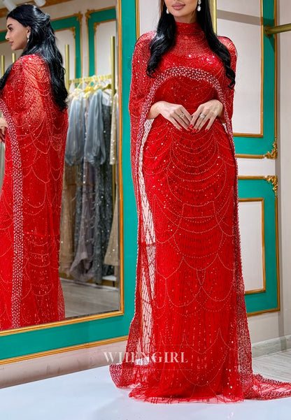Unique High Neck Beaded Lace Mermaid Formal Evening Dress with Train