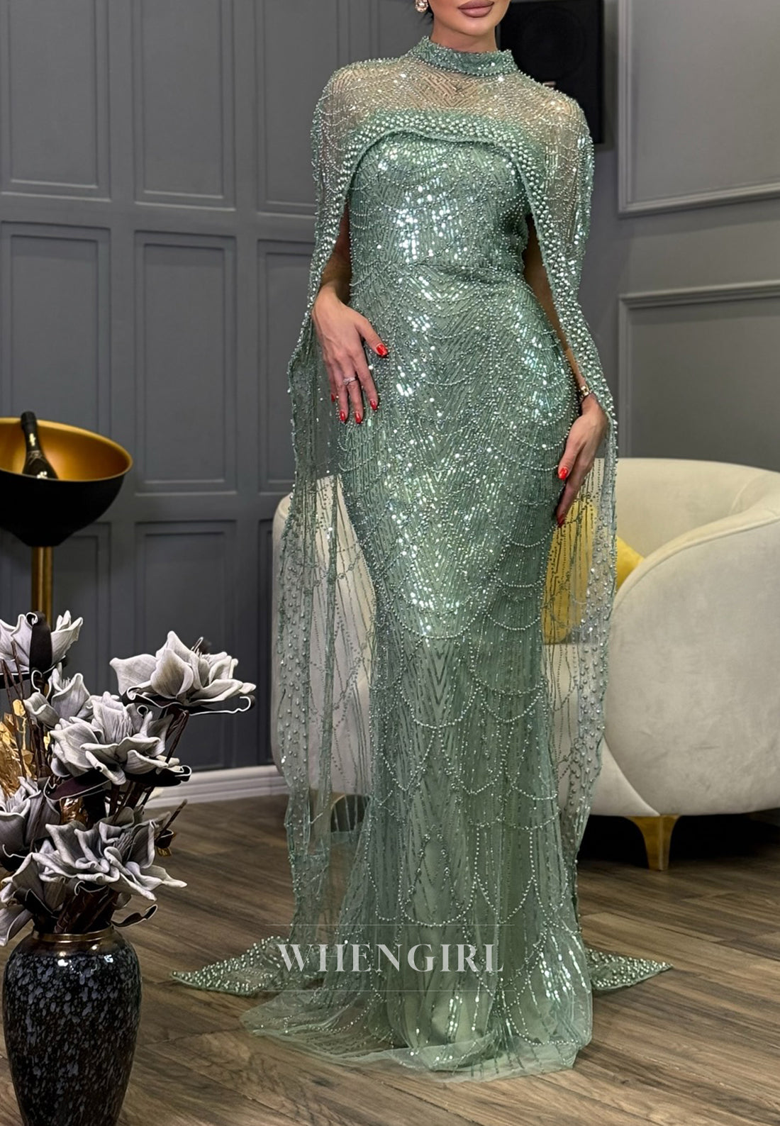 Unique High Neck Beaded Lace Mermaid Formal Evening Dress with Train