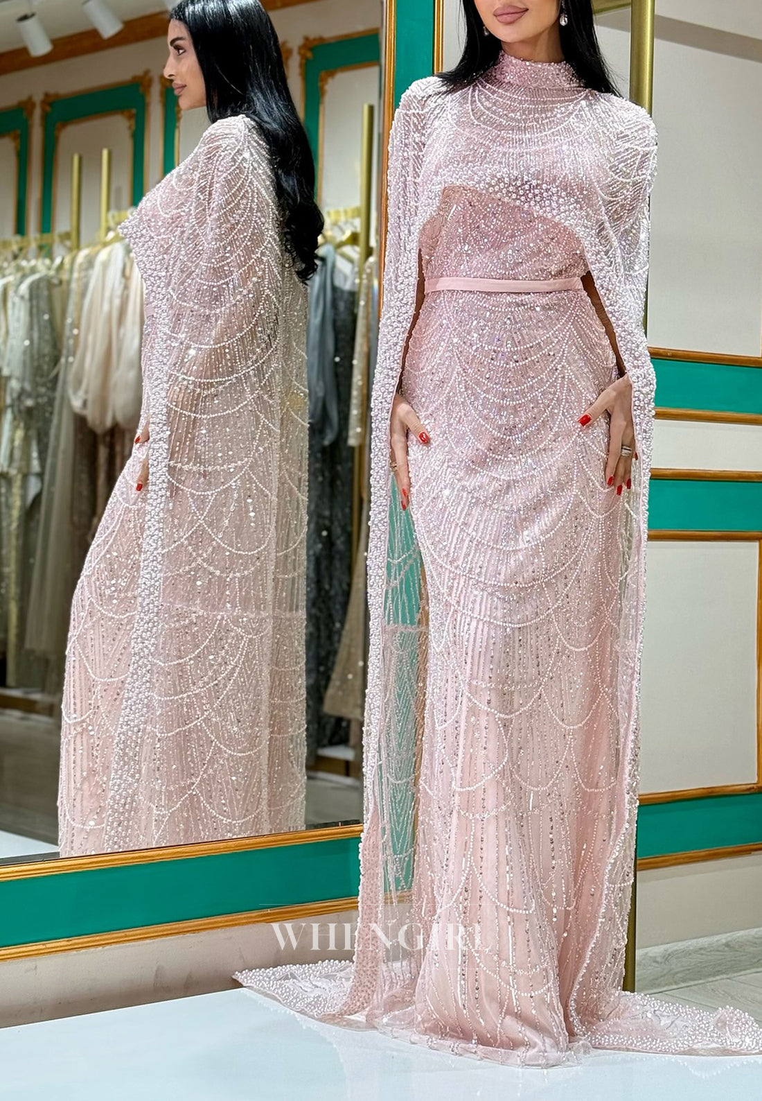 Unique High Neck Beaded Lace Mermaid Formal Evening Dress with Train