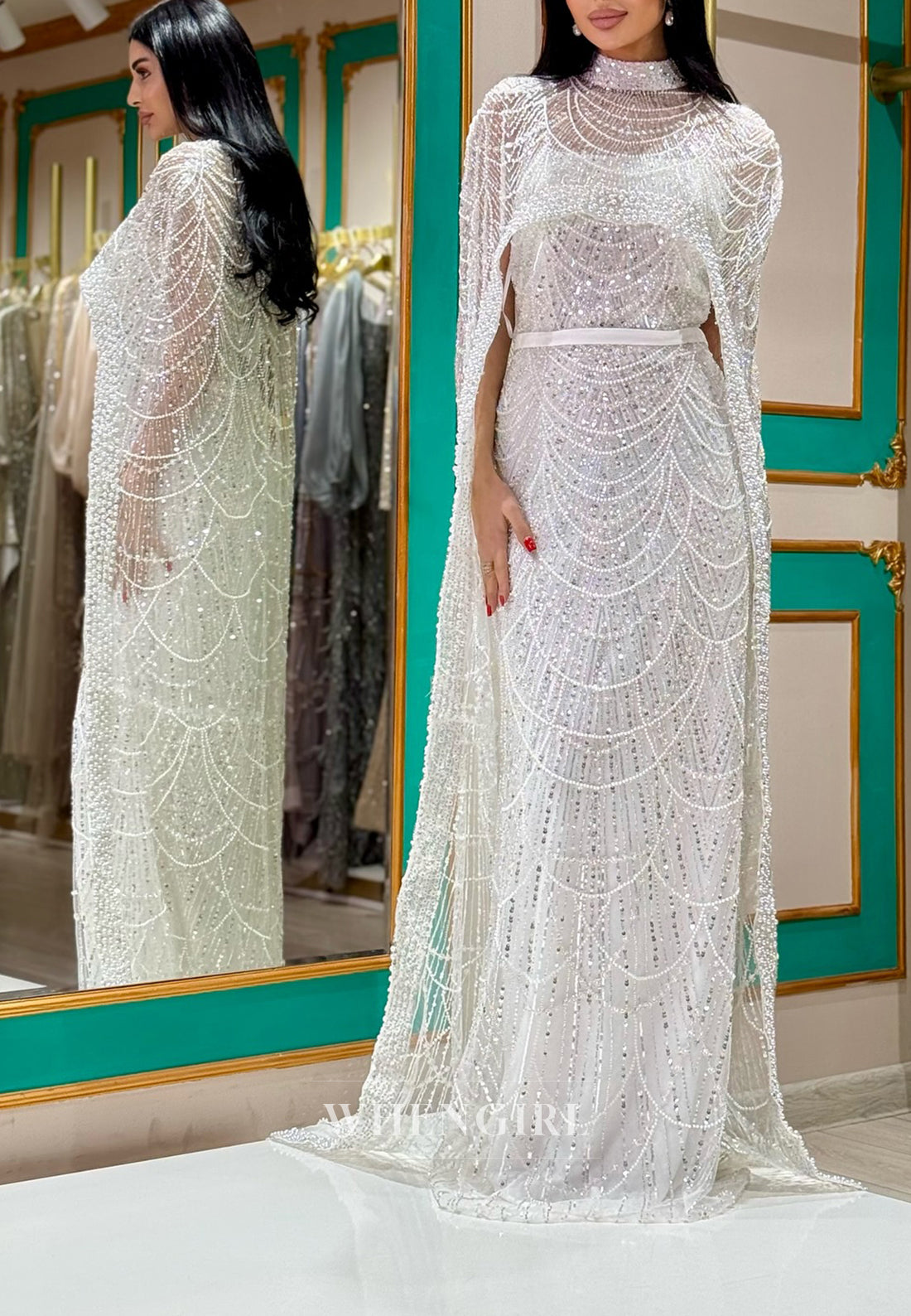 Unique High Neck Beaded Lace Mermaid Formal Evening Dress with Train