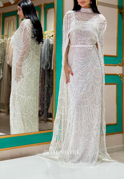 Unique High Neck Beaded Lace Mermaid Formal Evening Dress with Train