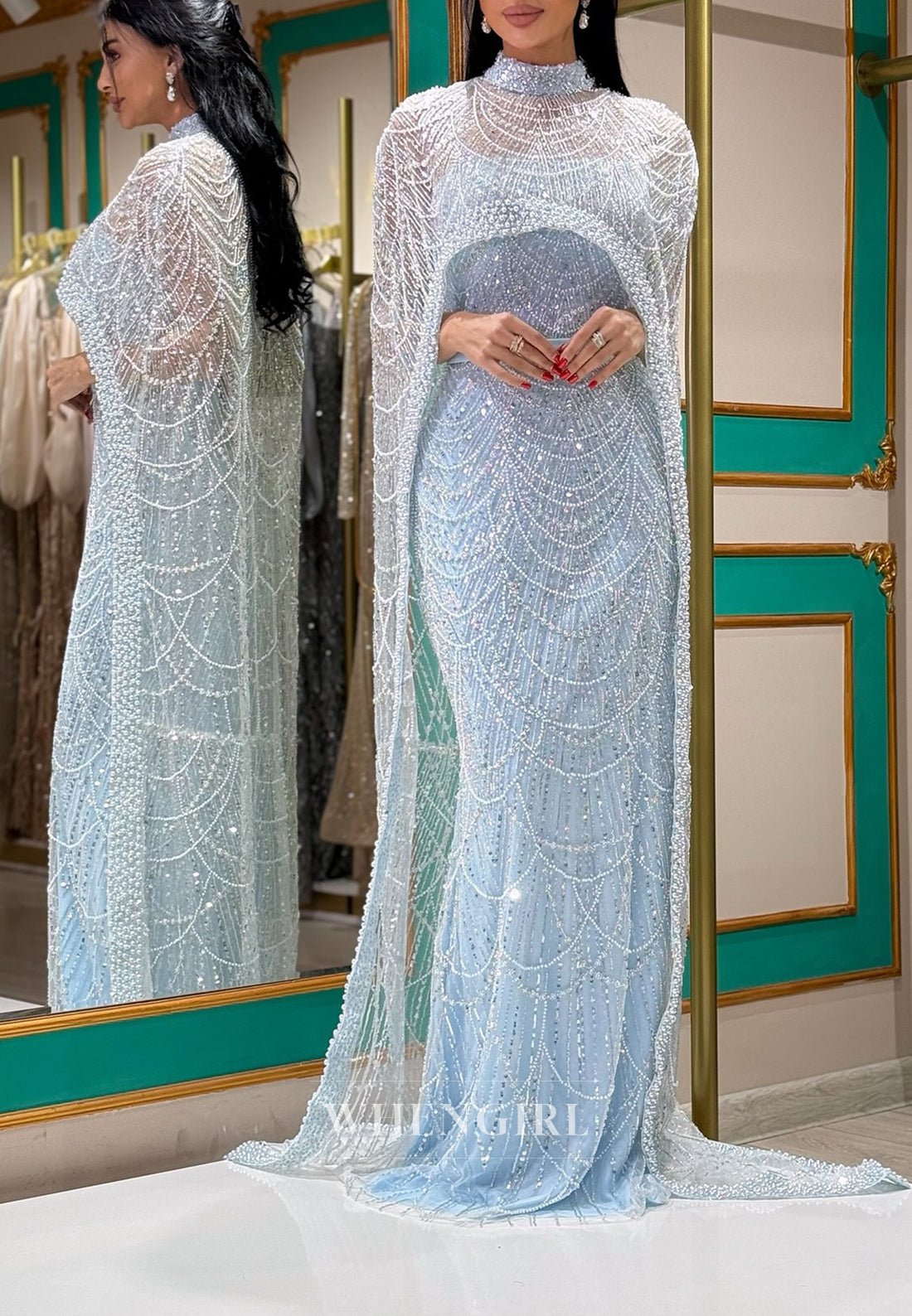 Unique High Neck Beaded Lace Mermaid Formal Evening Dress with Train