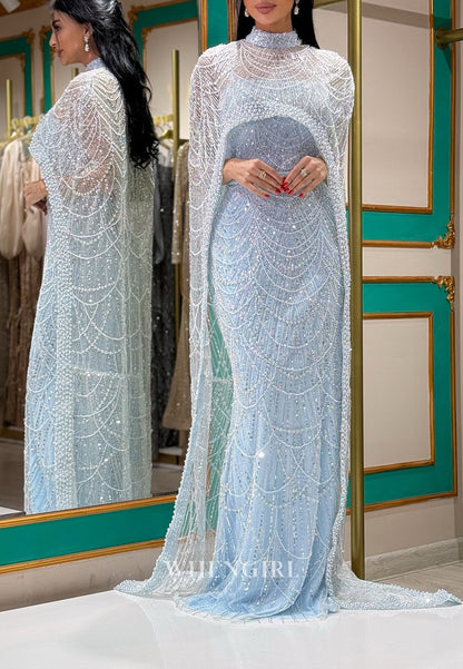 Unique High Neck Beaded Lace Mermaid Formal Evening Dress with Train