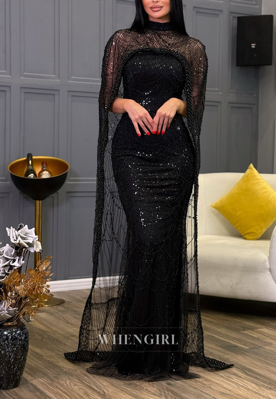 Unique High Neck Beaded Lace Mermaid Formal Evening Dress with Train