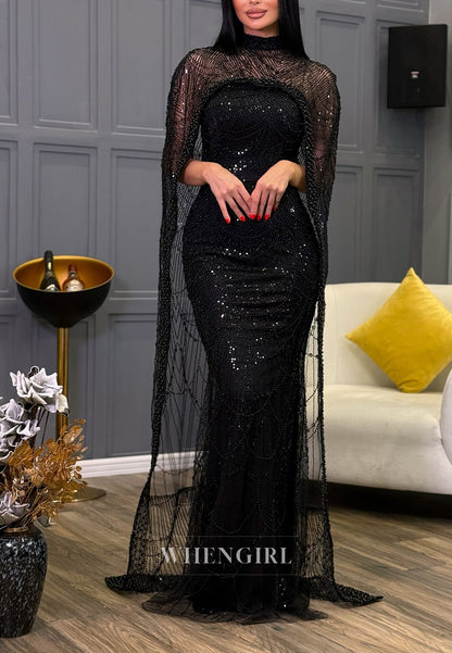 Unique High Neck Beaded Lace Mermaid Formal Evening Dress with Train