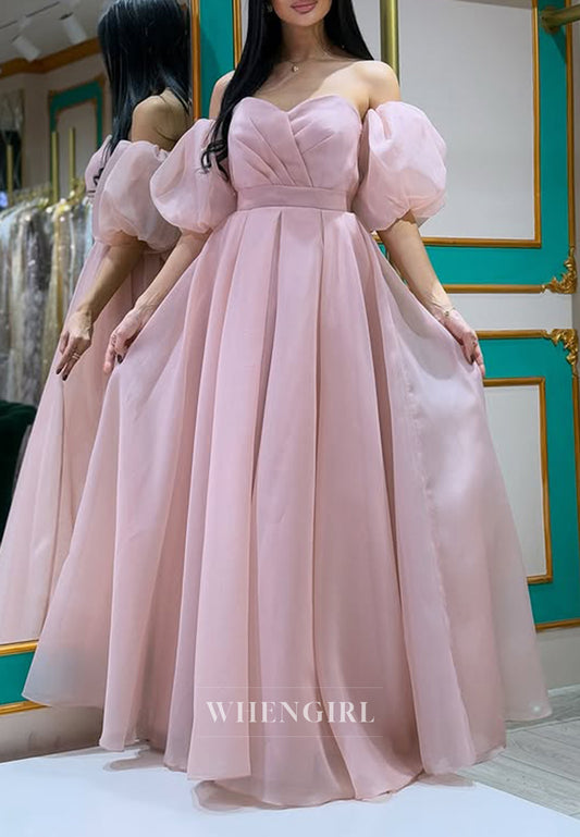 Pale Blush Pleated Sweetheart Short Puff Sleeves Floor Length A-Line Formal Evening Gown