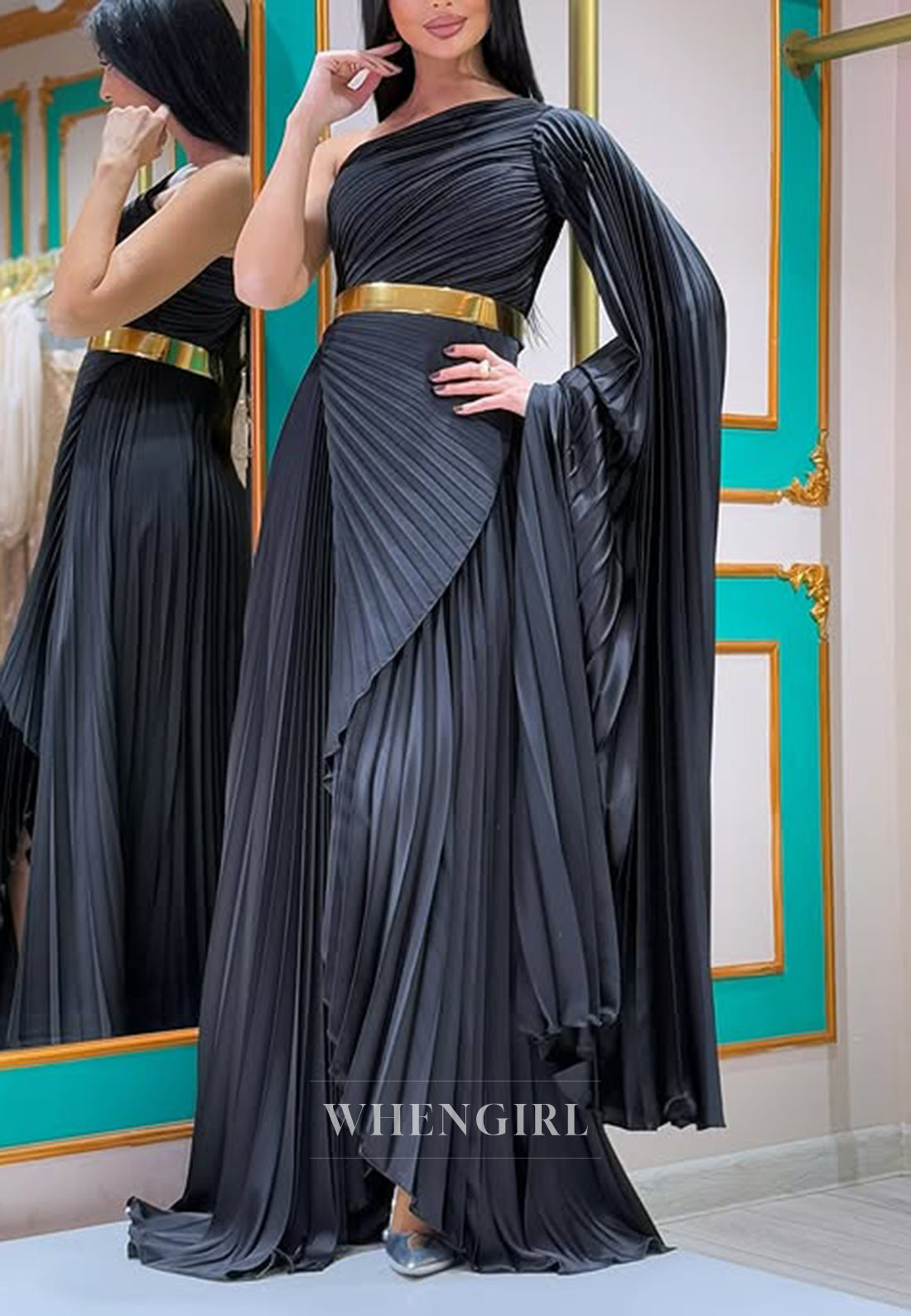 Black One Shoulder Pleated Long Sleeves Sheath Floor Length Evening Formal Dress with Belt