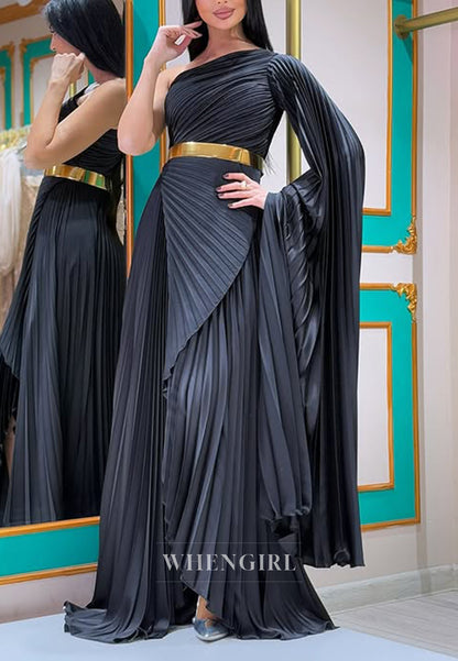 Black One Shoulder Pleated Long Sleeves Sheath Floor Length Evening Formal Dress with Belt