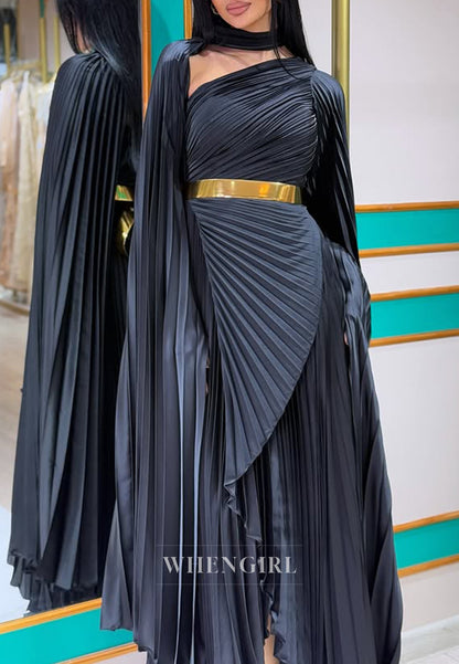 Black One Shoulder Pleated Long Sleeves Sheath Floor Length Evening Formal Dress with Belt