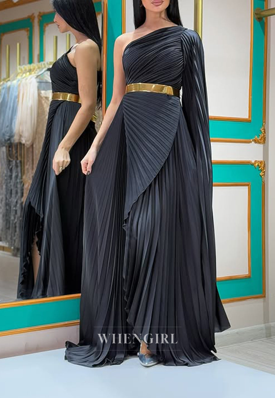 Black One Shoulder Pleated Long Sleeves Sheath Floor Length Evening Formal Dress with Belt