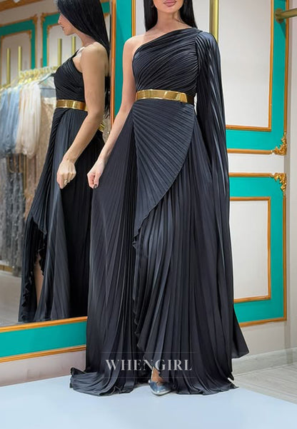 Black One Shoulder Pleated Long Sleeves Sheath Floor Length Evening Formal Dress with Belt