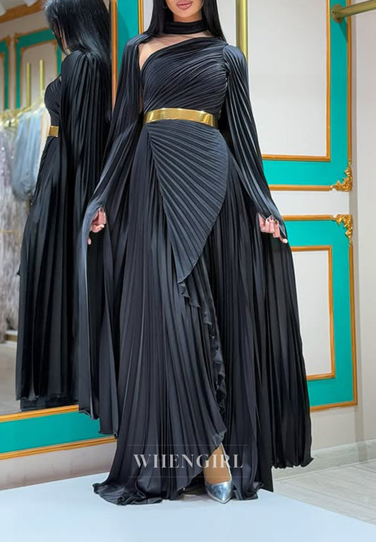 Black One Shoulder Pleated Long Sleeves Sheath Floor Length Evening Formal Dress with Belt