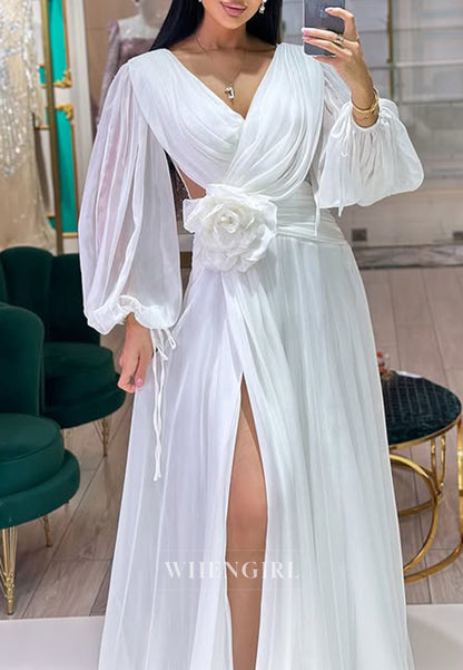 V Neck Long Sleeves 3D Flower Side Slit Chiffon A-Line Formal Evening Dress