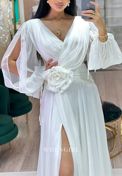V Neck Long Sleeves 3D Flower Side Slit Chiffon A-Line Formal Evening Dress