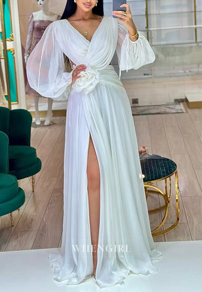 V Neck Long Sleeves 3D Flower Side Slit Chiffon A-Line Formal Evening Dress