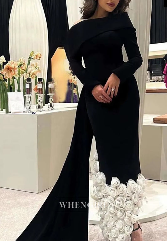 Black Velvet One Shoulder Long Sleeves Sheath White 3D Flowers Formal Evening Dress with Train