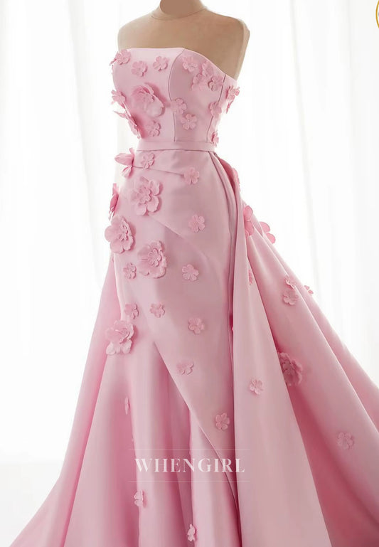 Blushing Pink Tube Top Floral Sheath Formal Gown Sleeveless Evening Dress with Train