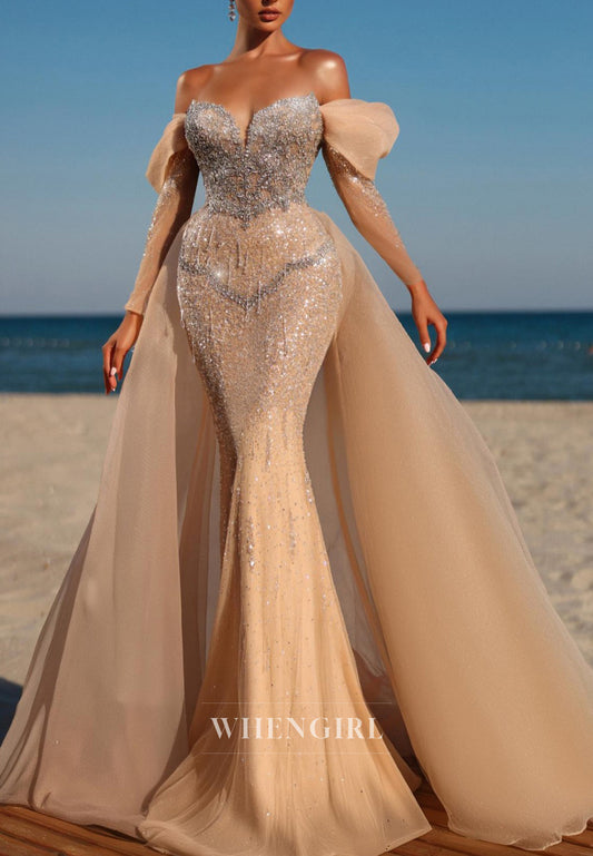 Gorgeous Champagne V Neck Off Shoulder Sleeveless Beaded Mermaid Formal Evening Dress with Train