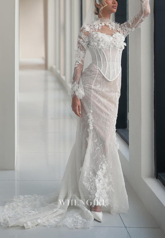 Mermaid High Neck Long Sleeves Appliqued Lace Sweep Train Corset Wedding Dress