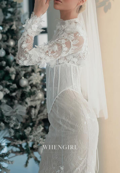 Mermaid High Neck Long Sleeves Appliqued Lace Sweep Train Corset Wedding Dress