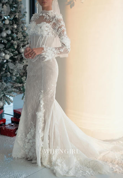 Mermaid High Neck Long Sleeves Appliqued Lace Sweep Train Corset Wedding Dress