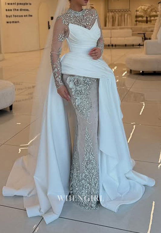 Gorgeous High Neck Beaded Long Sleeves 3D Flower Pleated Sheath Sweep Train Wedding Dress