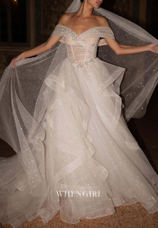 Off Shoulder Sleeveless Beaded Back Zipper A-Line Wedding Dress with Sweep Train