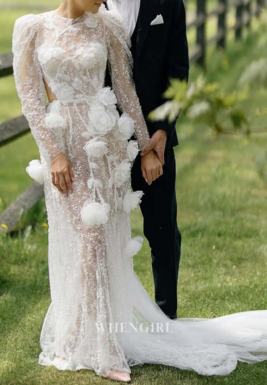 Bateau Neck Long Sleeves Beaded Sheath Wedding Dress with 3D Flowers and Sweep Train