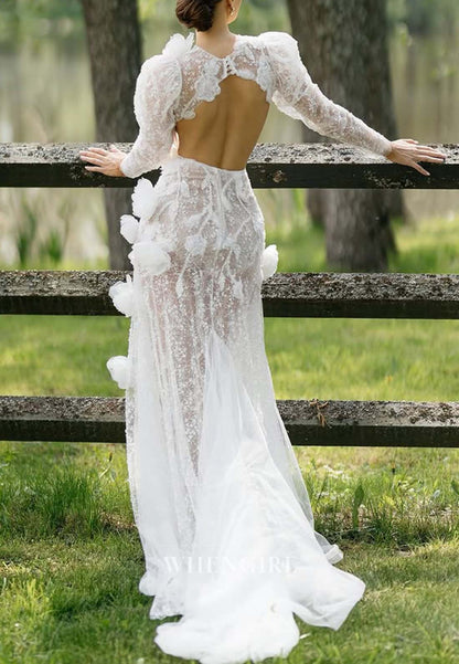Bateau Neck Long Sleeves Beaded Sheath Wedding Dress with 3D Flowers and Sweep Train