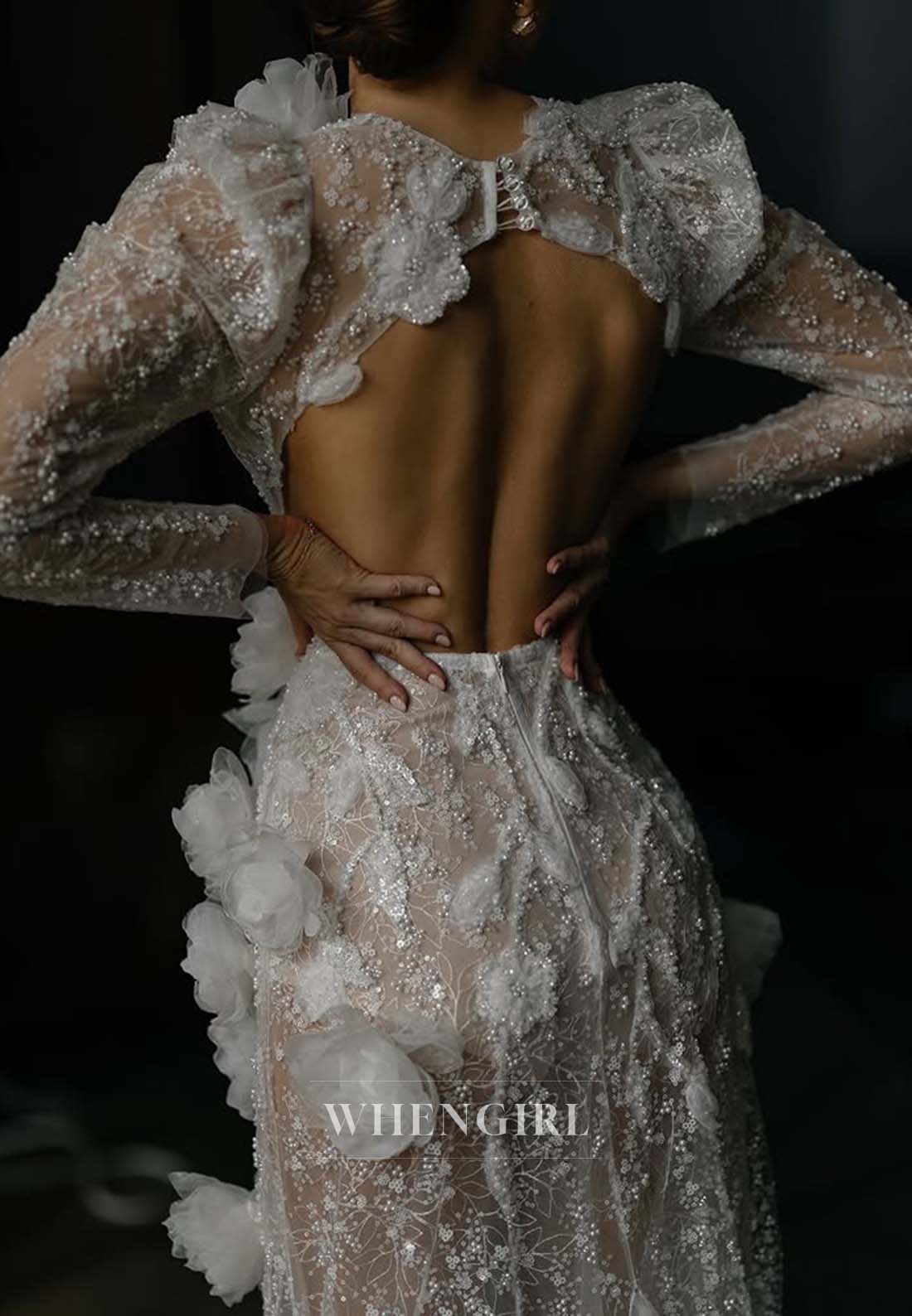 Bateau Neck Long Sleeves Beaded Sheath Wedding Dress with 3D Flowers and Sweep Train