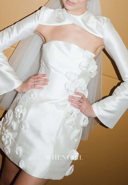 Bateau Neck Long Sleeves Sheath 3D Flowers Short Satin Wedding Dress