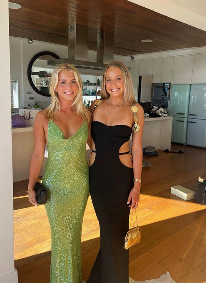 Green Sequins Spaghetti Straps Sheath Prom Dress