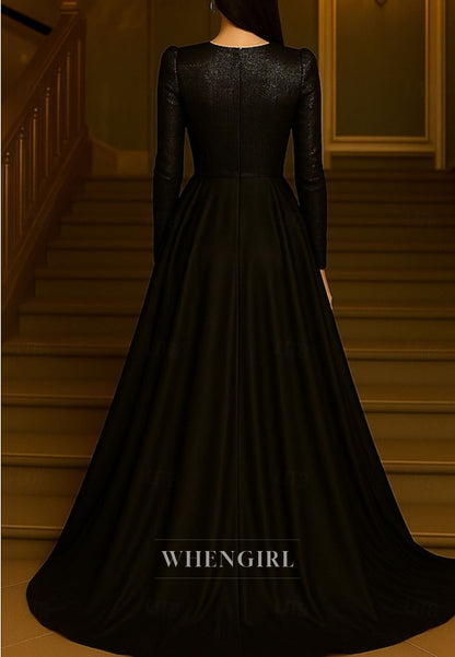 A-Line Black V Neck Long Sleeves Bowknot Sweep Train Mother of the Bride Dress