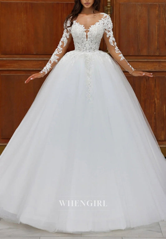Illusion Neck Appliques Tulle Long Sleeves Ball Gown Wedding Dress with Court Train