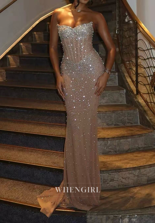 Champagne V Neck Sleeveless Back Zipper Beaded Sheath Formal Evening Gown
