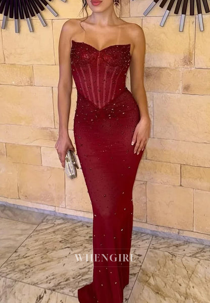 Burgundy Strapless Beaded Sheath Floor Length Prom Dress