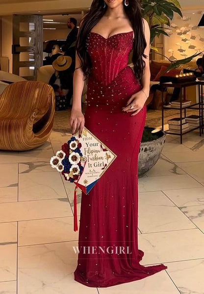 Burgundy Strapless Beaded Sheath Floor Length Prom Dress