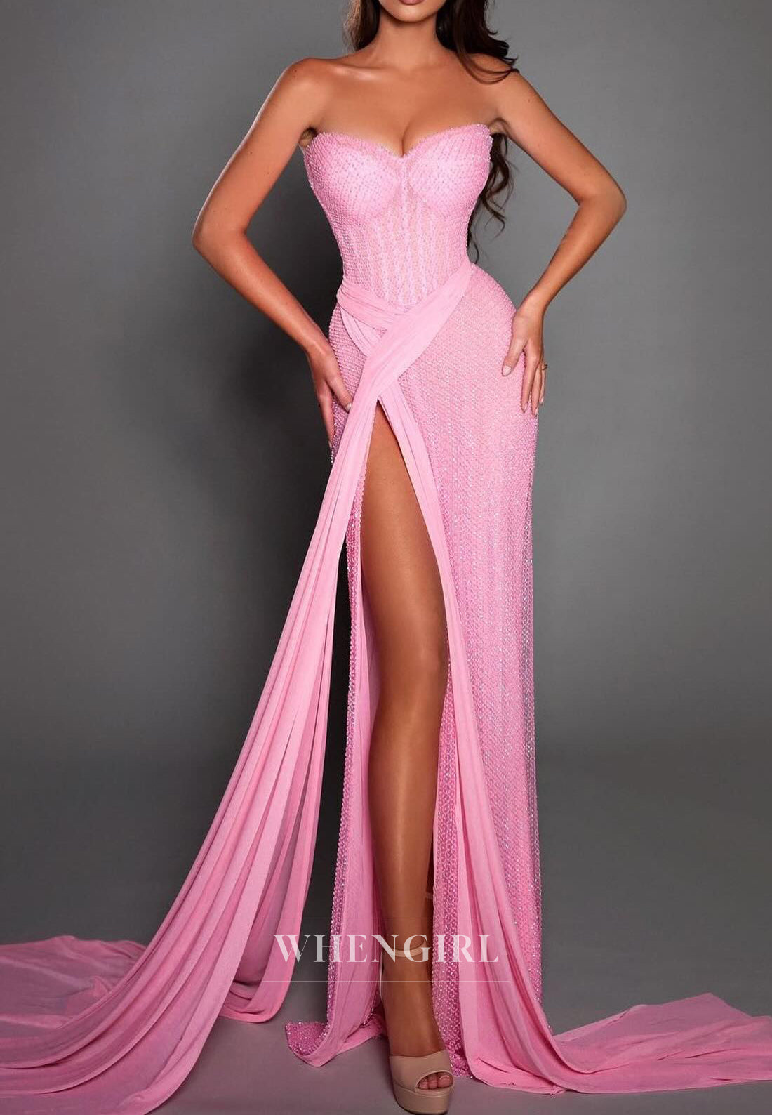 Pink Swetheart Sleeveless Side Slit Sheath Sweep Train Prom Dress