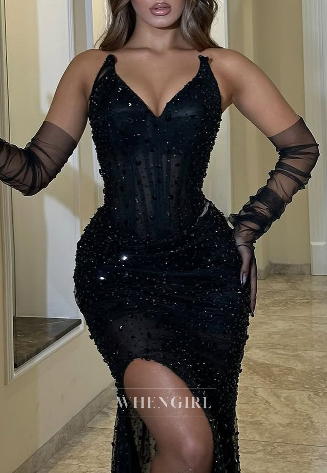 Black V Neck Sleeveless Side Slit Beaded Sheath Party Prom Dress