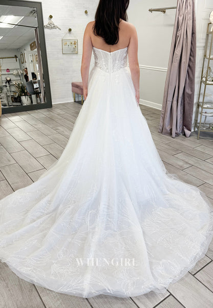 Sweetheart Appliqued Detachable Long Sleeves Back Zipper A-Line Wedding Dress with Court Train
