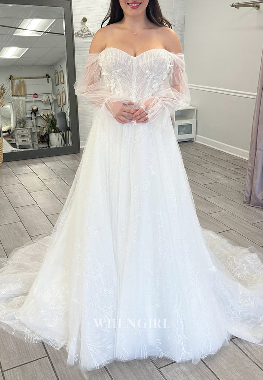 Sweetheart Appliqued Detachable Long Sleeves Back Zipper A-Line Wedding Dress with Court Train