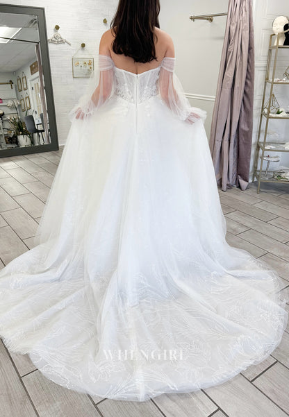 Sweetheart Appliqued Detachable Long Sleeves Back Zipper A-Line Wedding Dress with Court Train