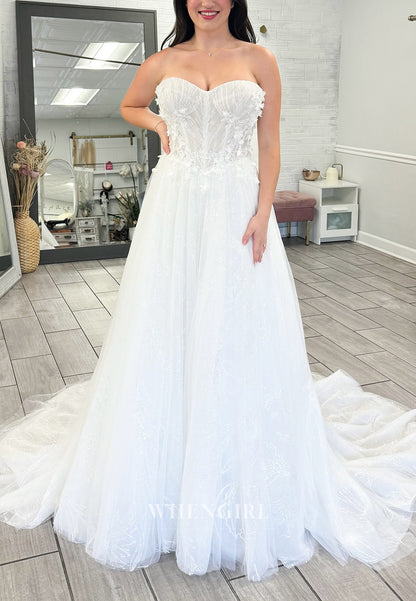 Sweetheart Appliqued Detachable Long Sleeves Back Zipper A-Line Wedding Dress with Court Train