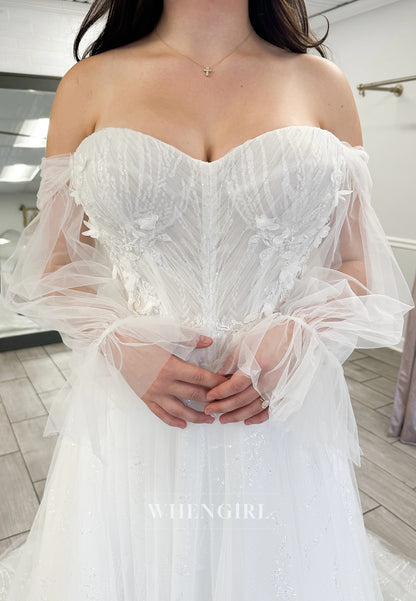 Sweetheart Appliqued Detachable Long Sleeves Back Zipper A-Line Wedding Dress with Court Train